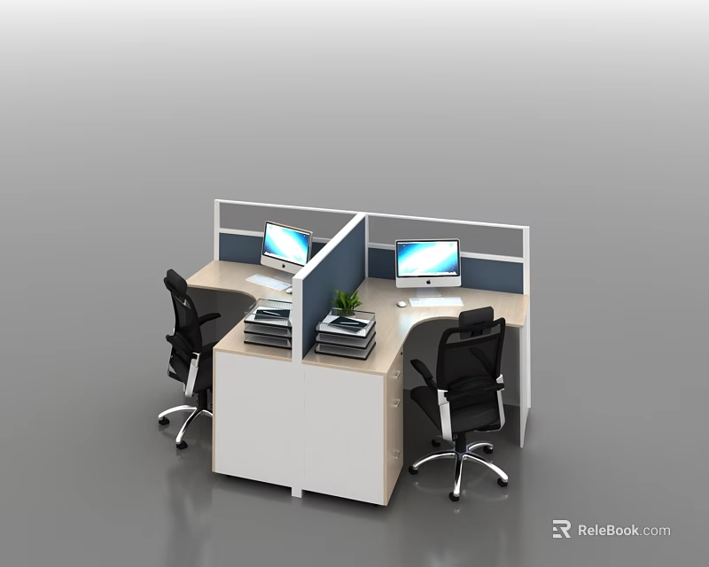 Modern Office Cubicle Workstation With Two Desks Computers Files And Chairs 3d model