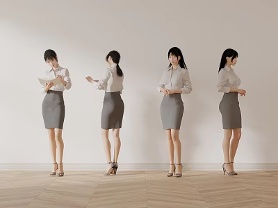 Professional Women In White Shirts Grey Skirts With Different Poses White Wall Wooden Floor 3d model