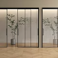 Modern Sliding Glass Doors With Black Frames And Indoor Plants On Wooden Floor