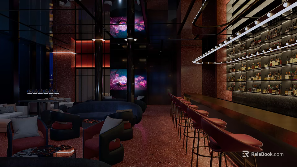 Modern Bar Interior Design With Red Stools Black Counter And Warm Lighting Decor 3d model