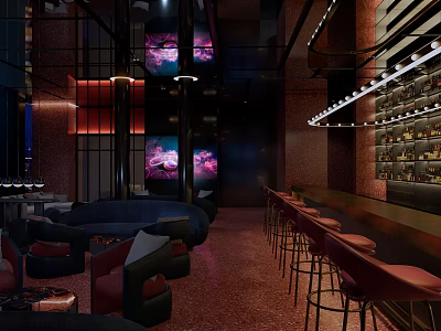 Modern Bar Interior Design With Red Stools Black Counter And Warm Lighting Decor 3d model