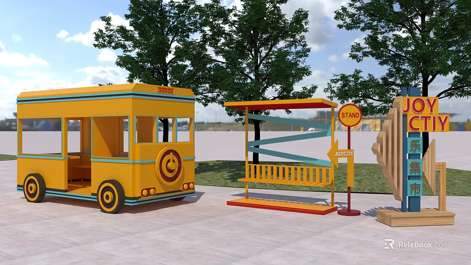 Cheerful Yellow Photo Spot with Food Truck Bus Stop Signpost and Trees in Plaza 3d model 