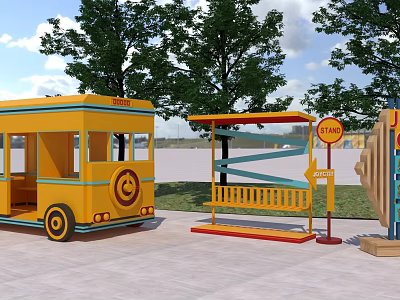 Cheerful Yellow Photo Spot with Food Truck Bus Stop Signpost and Trees in Plaza 3d model