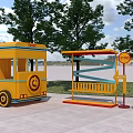 Cheerful Yellow Photo Spot with Food Truck Bus Stop Signpost and Trees in Plaza