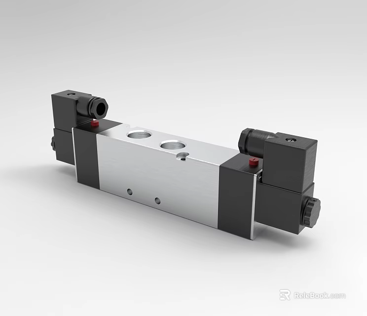 Industrial Pneumatic Solenoid Valve With Silver Body Black End Caps Red Indicators And Circular Ports 3d model 