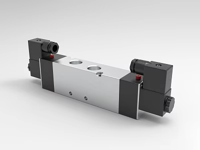Industrial Pneumatic Solenoid Valve With Silver Body Black End Caps Red Indicators And Circular Ports 3d model