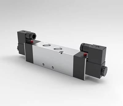 Industrial Pneumatic Solenoid Valve With Silver Body Black End Caps Red Indicators And Circular Ports 3d model