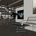 Modern Office Interior With Bookshelves Pendant Lights Tables Chairs Sofa Coffee Table And Plants