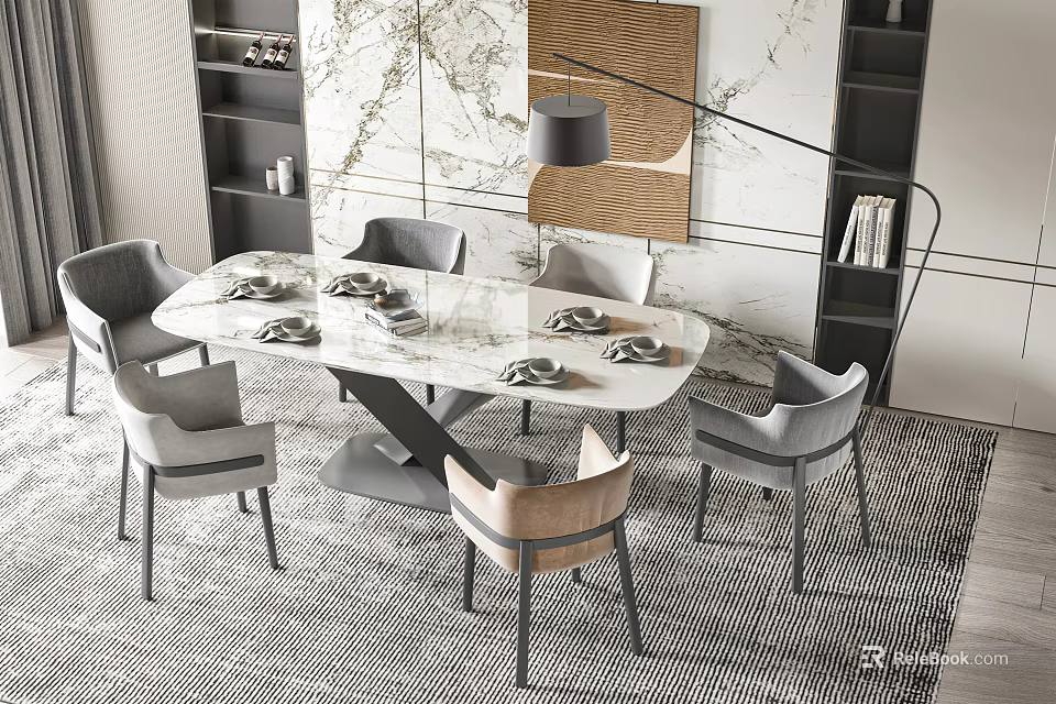Stylish Dining Table Set With Marble Top Grey Chairs Modern Pendant Light And Marble Wall 3d model 