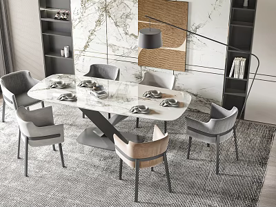 Stylish Dining Table Set With Marble Top Grey Chairs Modern Pendant Light And Marble Wall 3d model