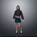 A Woman Wearing Black Hoodie Blue Skirt White Socks Black Shoes On Gray Background