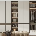Modern Walk In Closet Design With White Dark Cabinets Hanging Clothes Storage Shelves And Bench
