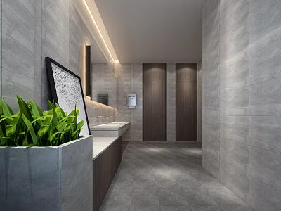 Modern Public Restroom With Gray Tile Walls Wooden Stall Doors Washbasin And Green Plants 3d model