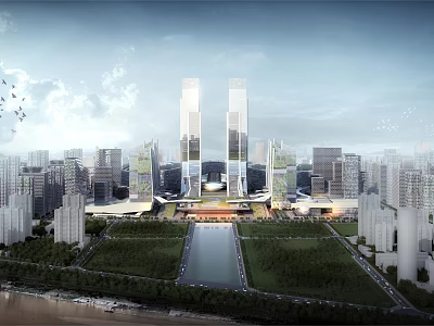 Aerial View Urban Planning With Tall Skyscrapers Central Water Pool And Green Space 3d model