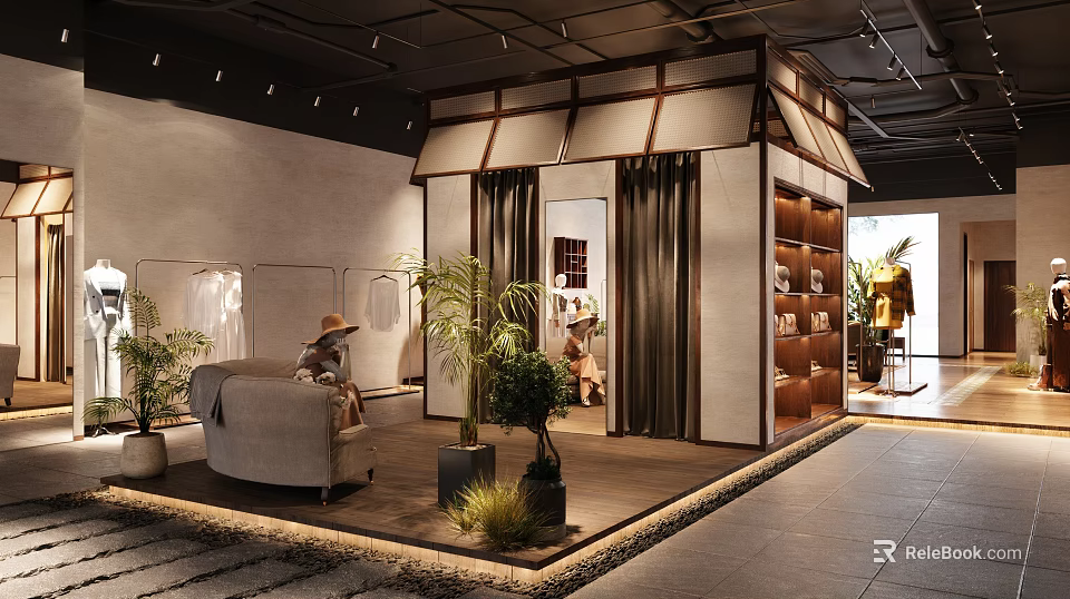 Modern Clothing Store Interior Design With Display Shelves Green Plants And Comfortable Seating 3d model 
