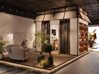 Modern Clothing Store Interior Design With Display Shelves Green Plants And Comfortable Seating 3d model