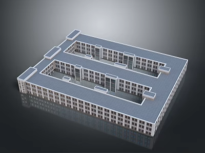 Modern Multi Story Rectangular Building 3D Model With Flat Roof Courtyard And Windows 3d model