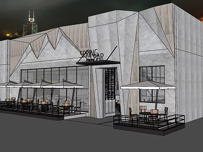 Spring Bar Exterior With Modern Geometric Design Outdoor Seating And Umbrellas 3d model