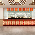Traditional Hot Pot Restaurant Interior With Red Lanterns Cherry Blossom Decorations And Bar Counter