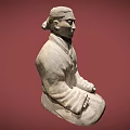 Ancient Human Figure Sculpture in Seated Position with Traditional Robe Stone Carving on Red Background