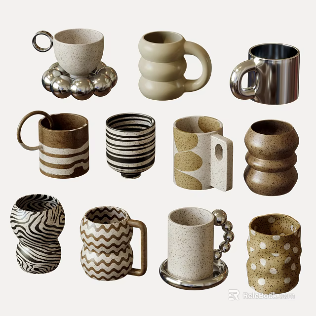 Stylish Coffee Mugs With Various Patterns And Unique Shapes For Home Decor 3d model