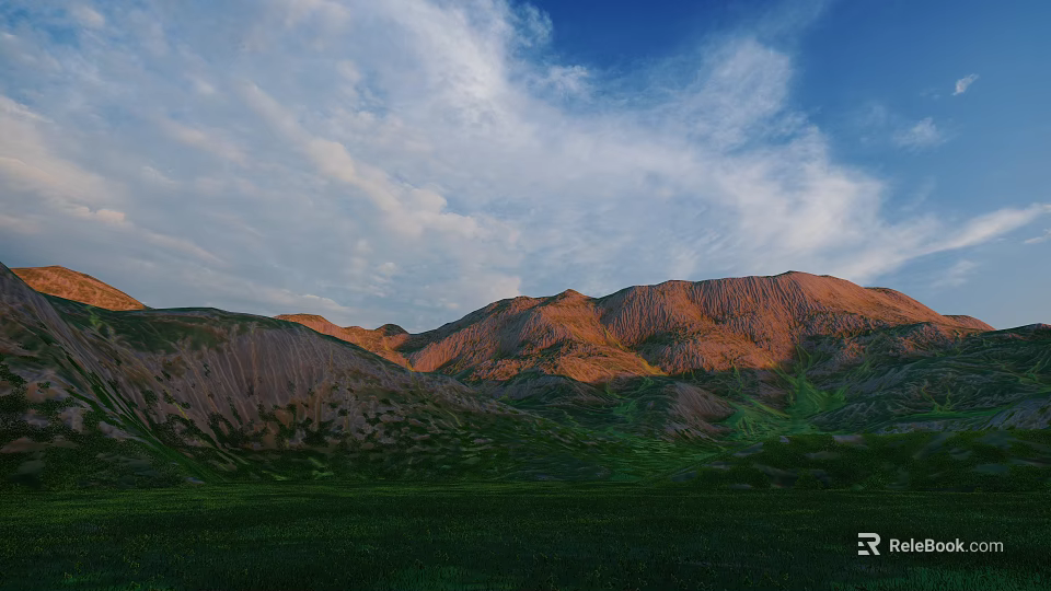 Garden Landscape With Sunlit Mountain Ranges Green Grassland And Cloudy Sky 3d model 