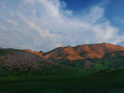 Garden Landscape With Sunlit Mountain Ranges Green Grassland And Cloudy Sky 3d model