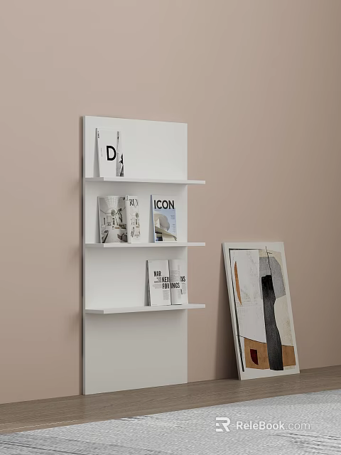 Modern Wall Mounted White Display Shelf With Iconic Books And Artwork 3d model 