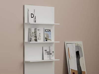 Modern Wall Mounted White Display Shelf With Iconic Books And Artwork 3d model