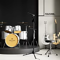 Musical Instruments Display With Golden Drum Set Electric Guitars And Microphone Stand In Modern Room