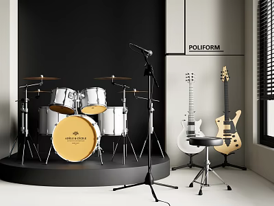 Musical Instruments Display With Golden Drum Set Electric Guitars And Microphone Stand In Modern Room 3d model