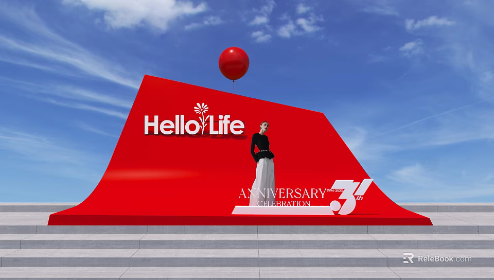 HelloLife 33rd Anniversary Interactive Area With Red Balloon And Woman Figure 3d model 