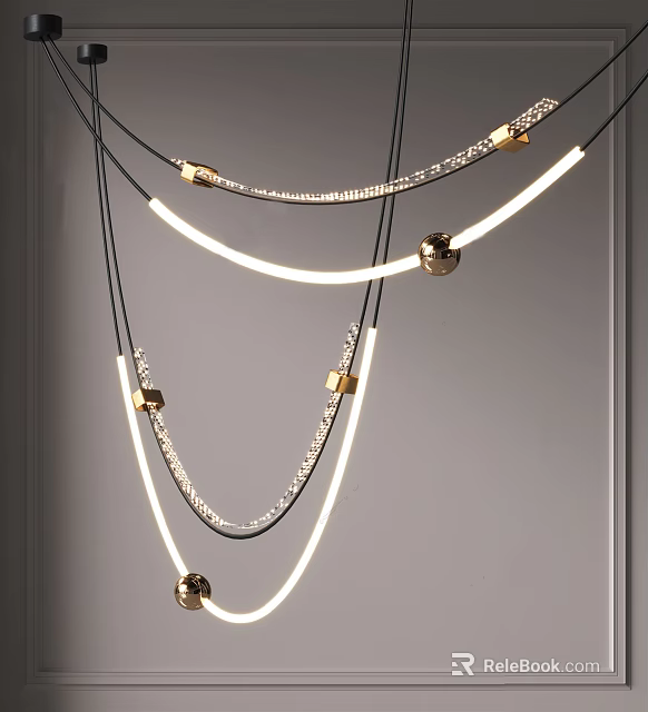 Modern Chandelier With Curved LED Light Strips Gold Accents Crystal Details Contemporary Hanging Fixture 3d model 