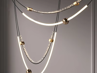 Modern Chandelier With Curved LED Light Strips Gold Accents Crystal Details Contemporary Hanging Fixture 3d model