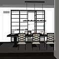 Modern Elegant Dining Room with Dark Table Chairs Chandelier Decorative Screen and Wooden Floor