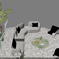 Modern Sofa and Coffee Table Set with Green Chairs Plants and Round Area Rug