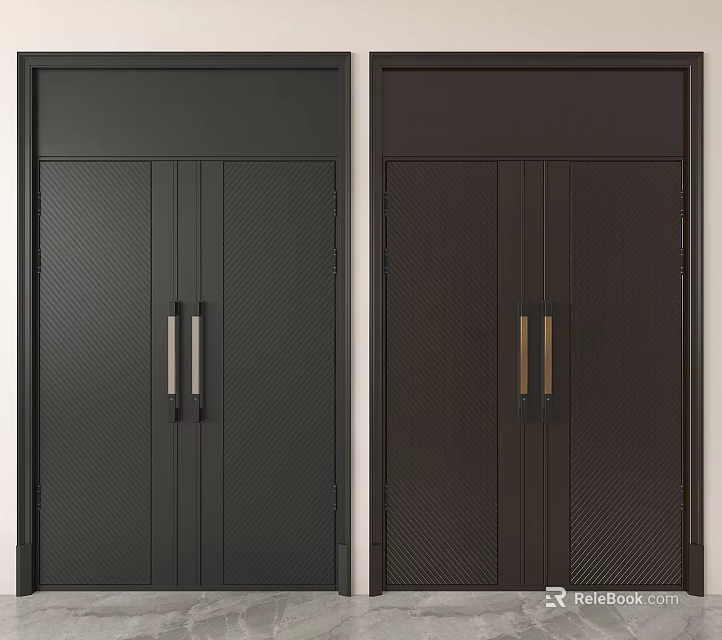 Modern Double Doors with Metal Handles in Black and Dark Brown Finish 3d model 