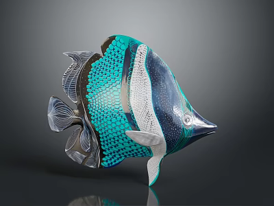 Artistic Teal Black And White Fish Sculpture With Scaly Texture Design 3d model