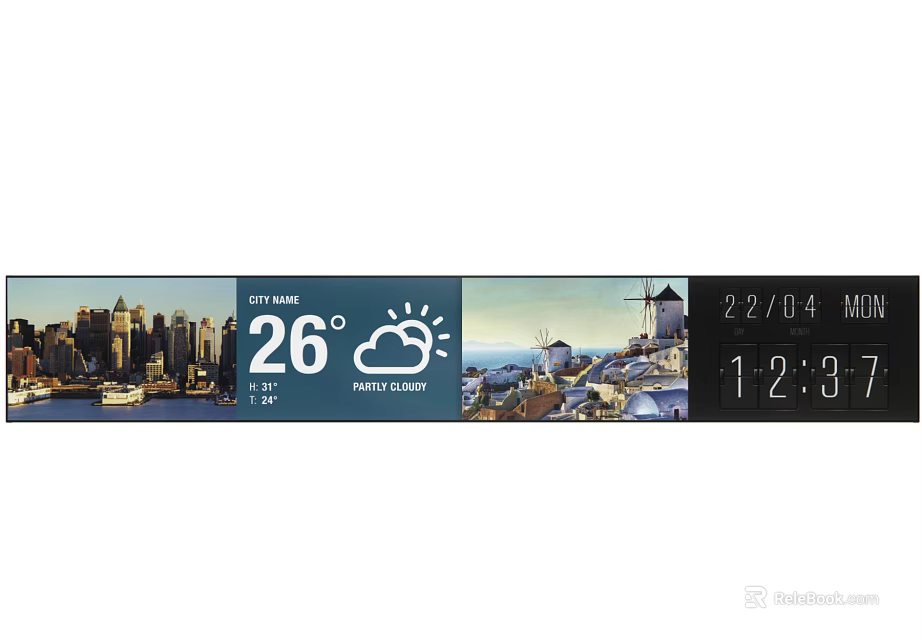 Computer Desktop Display Showing Weather Temperature Time Date Cityscape And Windmill 3d model