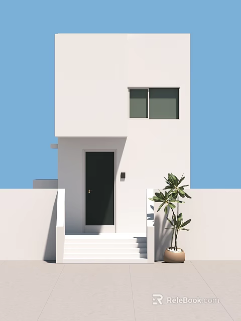 White Exterior Detached Villa With Black Door Steps And Green Plant Under Blue Sky 3d model 
