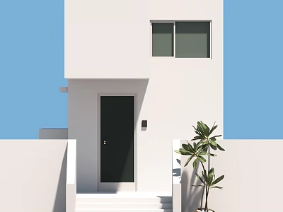 White Exterior Detached Villa With Black Door Steps And Green Plant Under Blue Sky 3d model