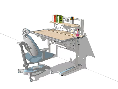 Modern Study Desk With Bookshelf Books Stationery And Ergonomic Chair For Home Office 3d model