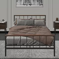 Double Bed With Metal Frame Beige Comforter Gray Pillows Curtains And Window Seat