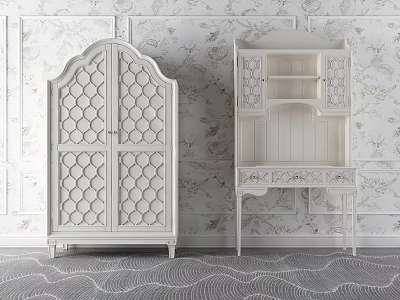Elegant Wardrobes With Hexagonal Pattern Double Doors Drawers Shelves Against Floral Wallpaper And Wavy Carpet 3d model