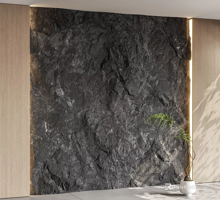 Dark Textured Stone Feature Wall In Modern Interior With Wooden Panel And Green Plant 3d model 