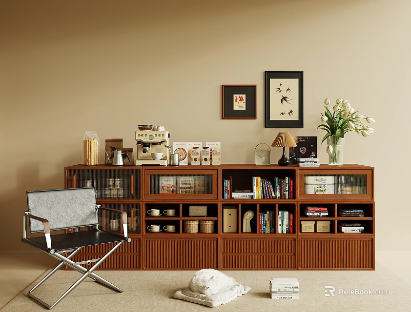 Wooden Entryway Cabinet Sideboard with Glass Doors Drawers Books Vase Framed Pictures and Chair 3d model 