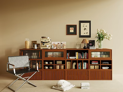 Wooden Entryway Cabinet Sideboard with Glass Doors Drawers Books Vase Framed Pictures and Chair 3d model