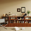 Wooden Entryway Cabinet Sideboard with Glass Doors Drawers Books Vase Framed Pictures and Chair