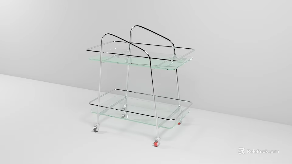 Modern Glass Trolley With Metal Frame And Two Glass Shelves On Wheels 3d model 