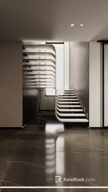 Modern Floating Curved Staircase Design With White Steps And Dark Floor 3d model